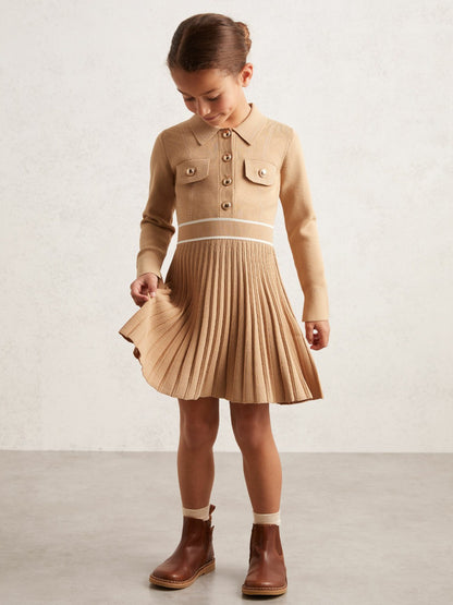 3-9 yrs Button-Detail Stripe Knitted Dress in Camel Children & Baby | Reiss