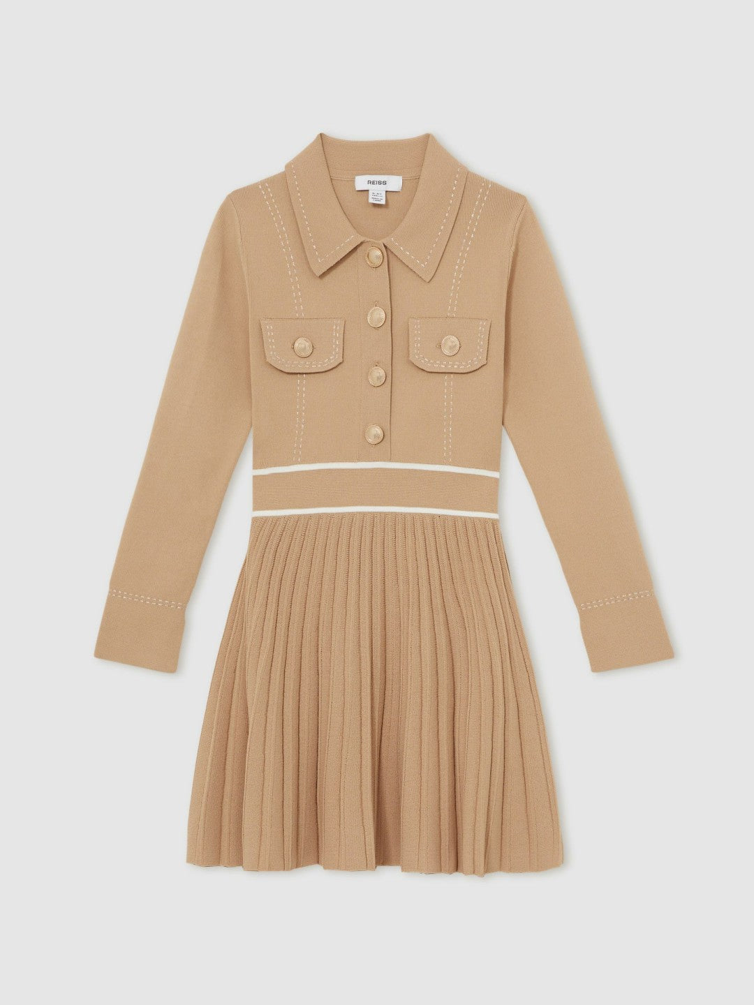 3-9 yrs Button-Detail Stripe Knitted Dress in Camel Children & Baby | Reiss