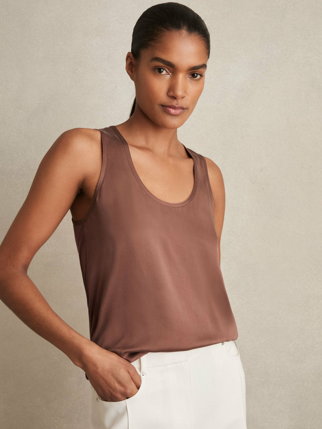 Silk-Front Cami Top in Mocha Brown Women | Reiss