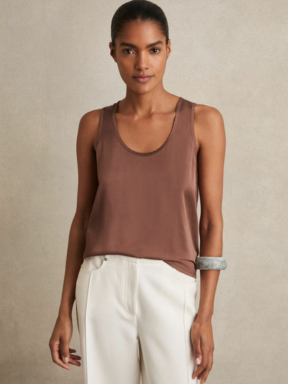 Silk-Front Cami Top in Mocha Brown Women | Reiss
