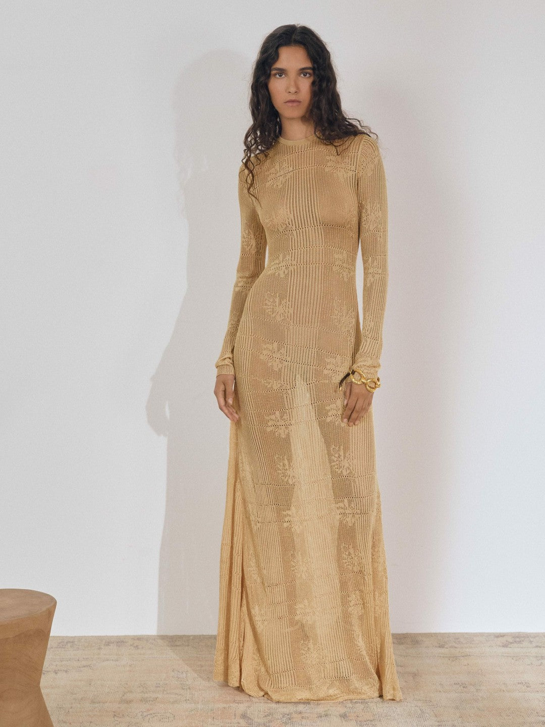 Lace-Knit Ruched Maxi Dress in Gold Women | Reiss