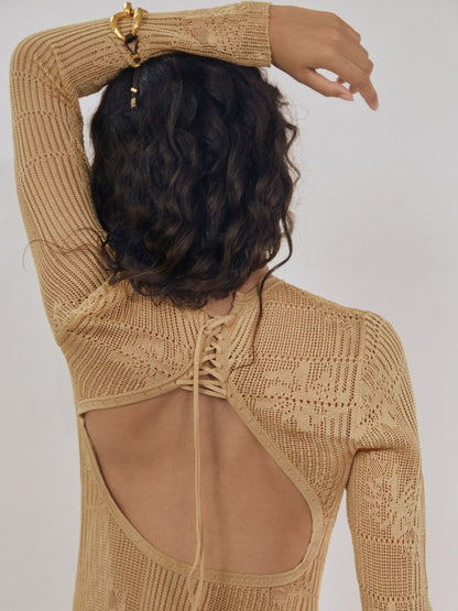 Lace-Knit Ruched Maxi Dress in Gold Women | Reiss