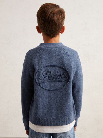 9-13 yrs Wool Embroidered-Logo Cardigan in Dark Airforce Blue Children & Baby | Reiss