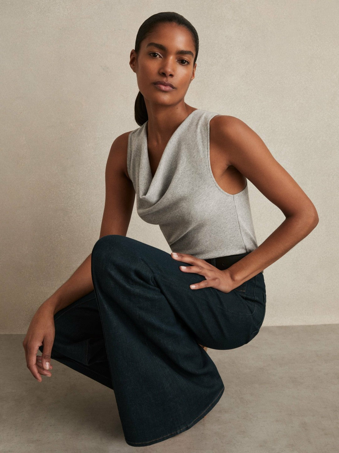 Ribbed Cowl-Neck Vest in Grey Marl Women | Reiss