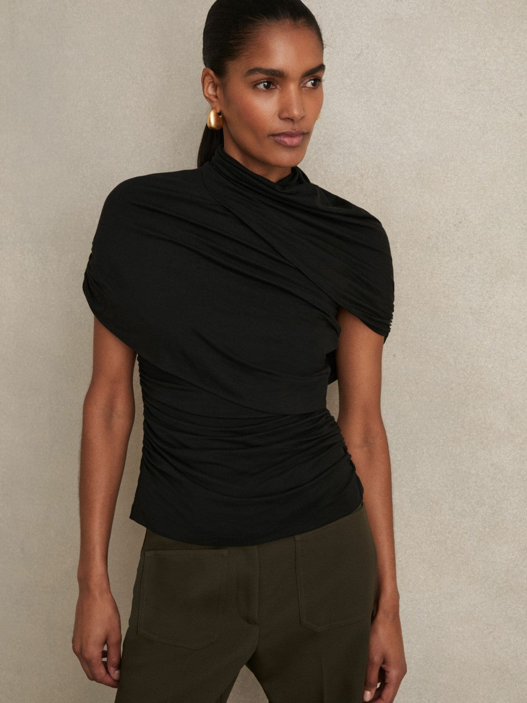 Stretch Lyocell Draped Top in Black Women | Reiss
