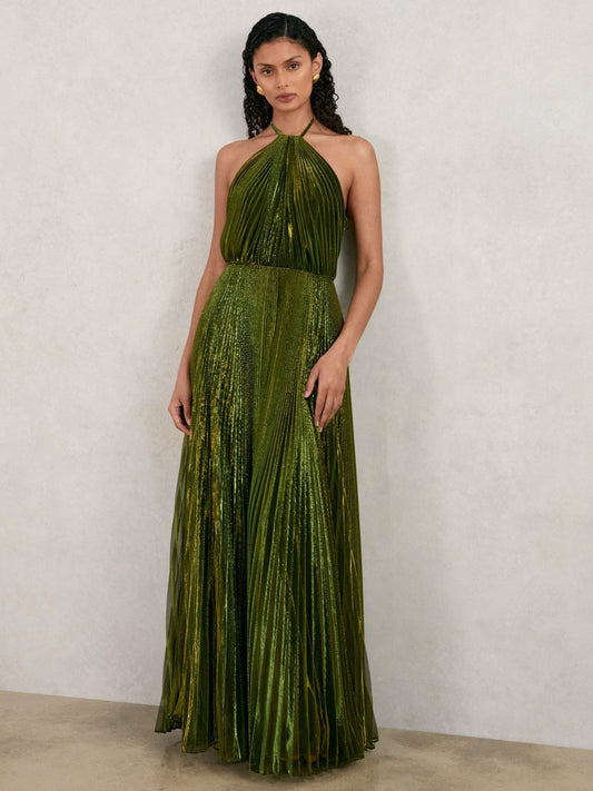 Halston Metallic Pleated Maxi Dress in Dark Olive Green Women | Reiss