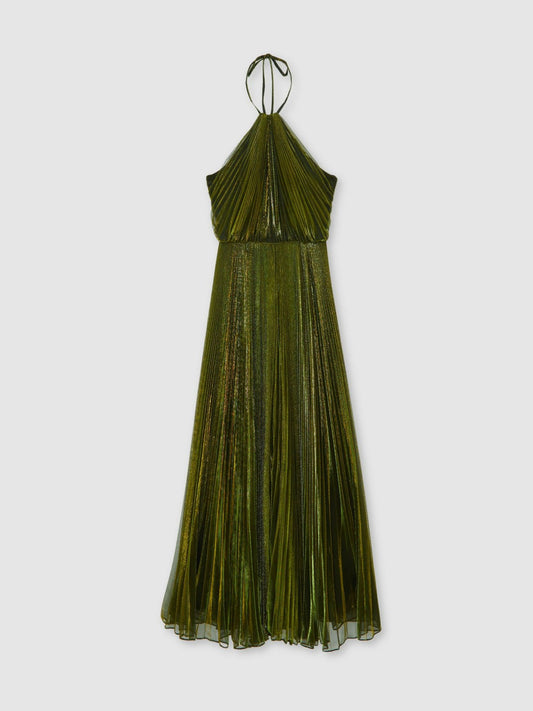 Halston Metallic Pleated Maxi Dress in Dark Olive Green Women | Reiss