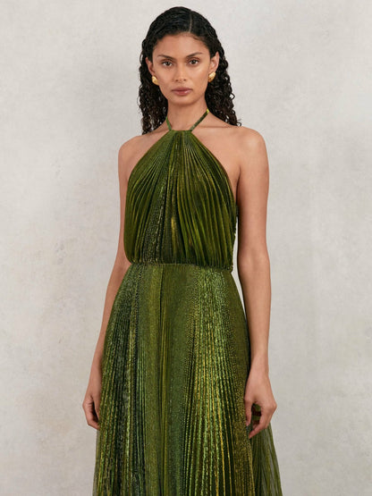 Halston Metallic Pleated Maxi Dress in Dark Olive Green Women | Reiss