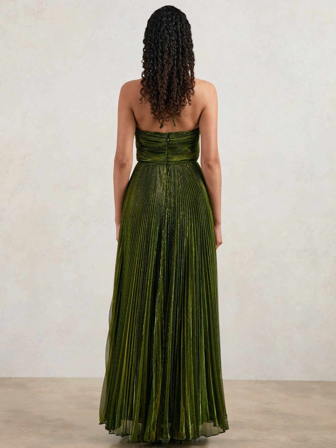 Halston Metallic Pleated Maxi Dress in Dark Olive Green Women | Reiss