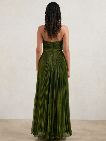 Halston Metallic Pleated Maxi Dress in Dark Olive Green Women | Reiss