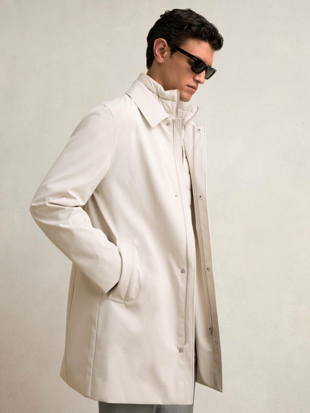 Hybrid Removable Funnel Neck Overcoat in Light Stone Men | Reiss
