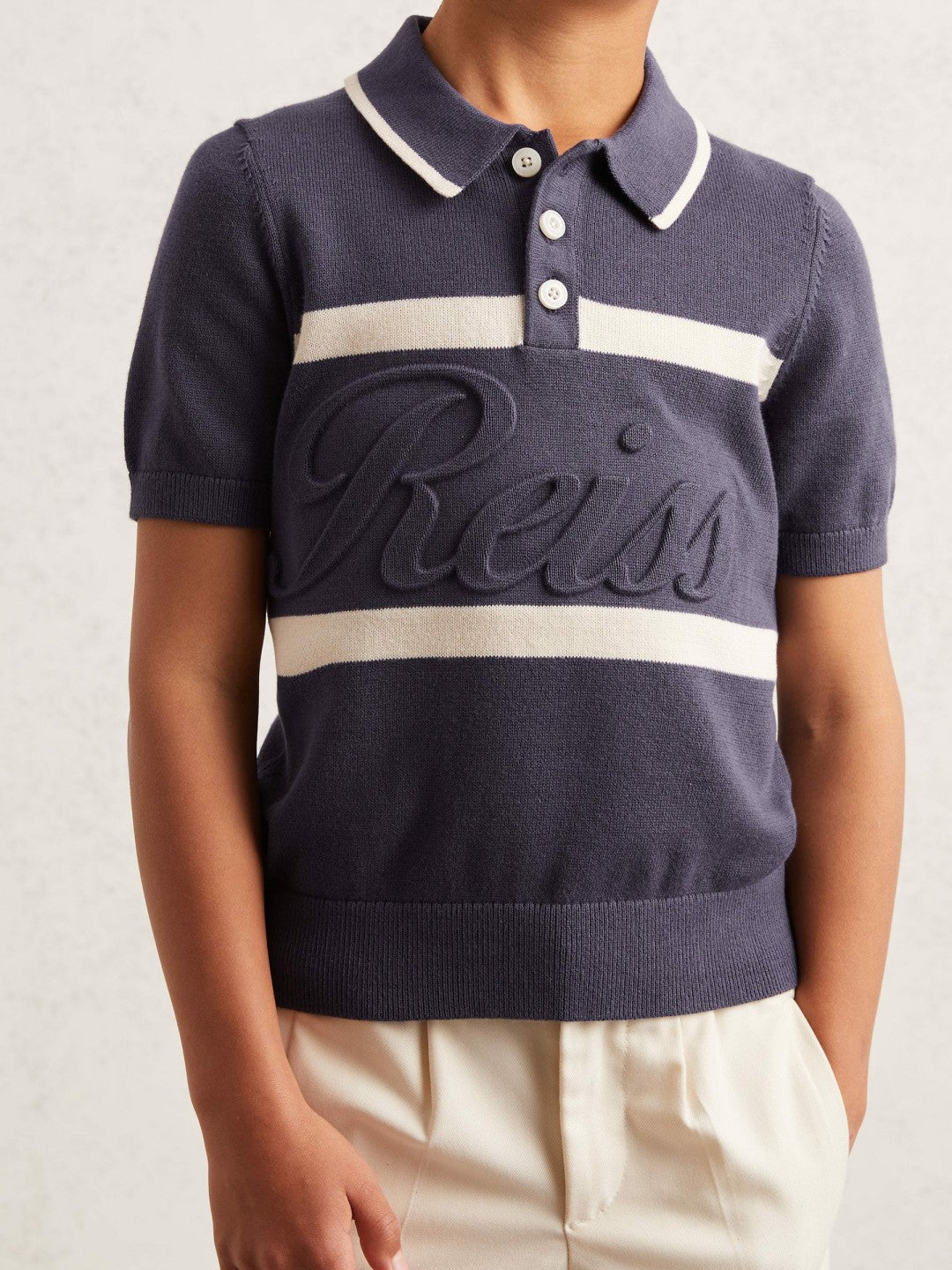9-13 yrs Cotton Logo-Embossed Knit Polo Shirt in Indigo Blue/White Children & Baby | Reiss