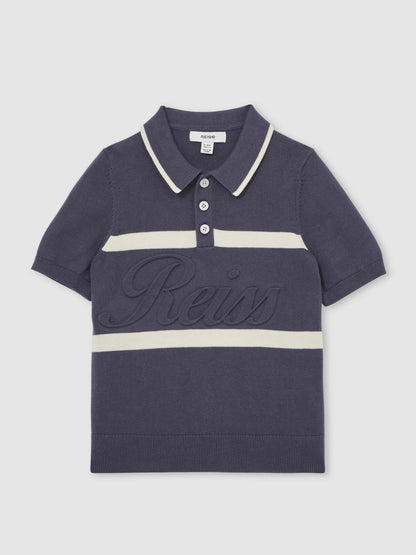 9-13 yrs Cotton Logo-Embossed Knit Polo Shirt in Indigo Blue/White Children & Baby | Reiss