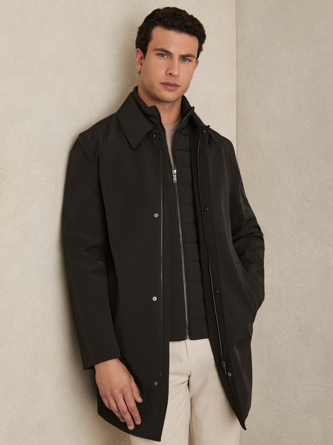 Hybrid Removable Funnel Neck Overcoat in Brown Men | Reiss