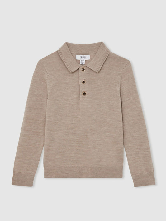 13-14 yrs Merino Wool Long-Sleeve Polo Shirt in Wheat Melange Children & Baby | Reiss