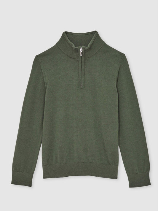 13-14 yrs Merino Wool Half-Zip Funnel Neck Jumper in Kale Green Children & Baby | Reiss