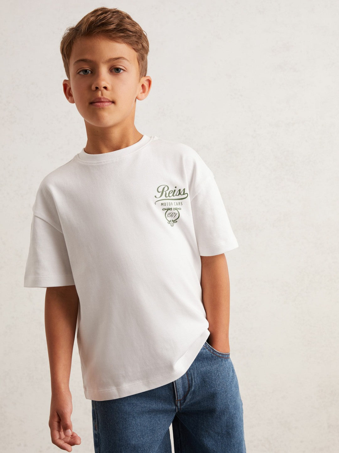 Cotton Motor Cars-Print T-Shirt in White/Green Children & Baby | Reiss