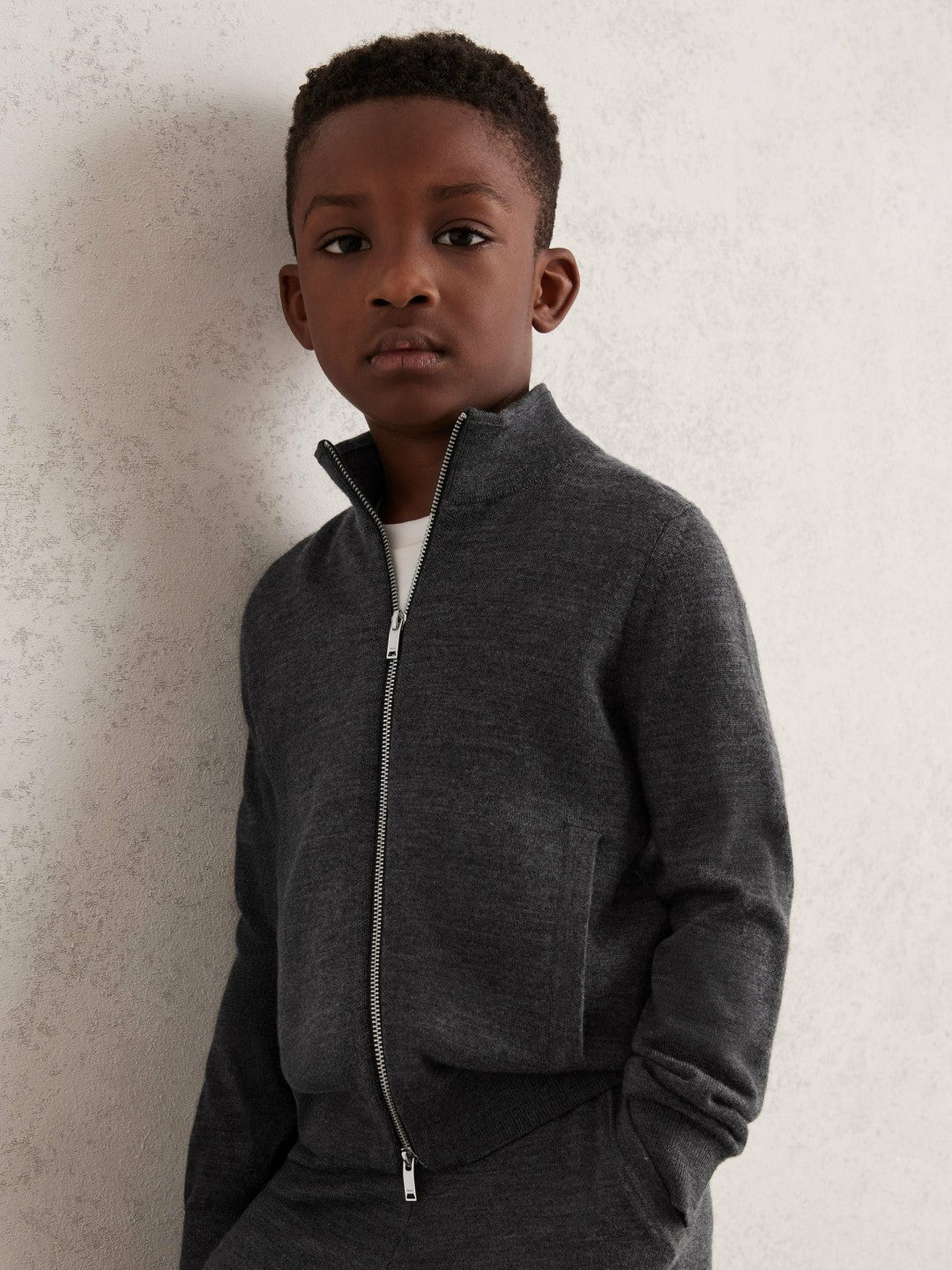 13-14 yrs Merino Wool-Blend Zip-Through Cardigan in Derby Grey Melange Children & Baby | Reiss