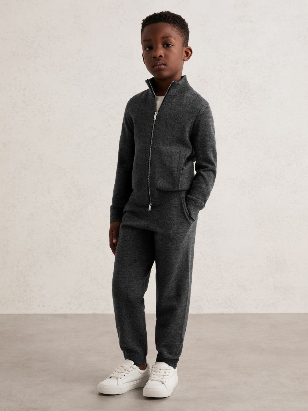13-14 yrs Merino Wool-Blend Zip-Through Cardigan in Derby Grey Melange Children & Baby | Reiss