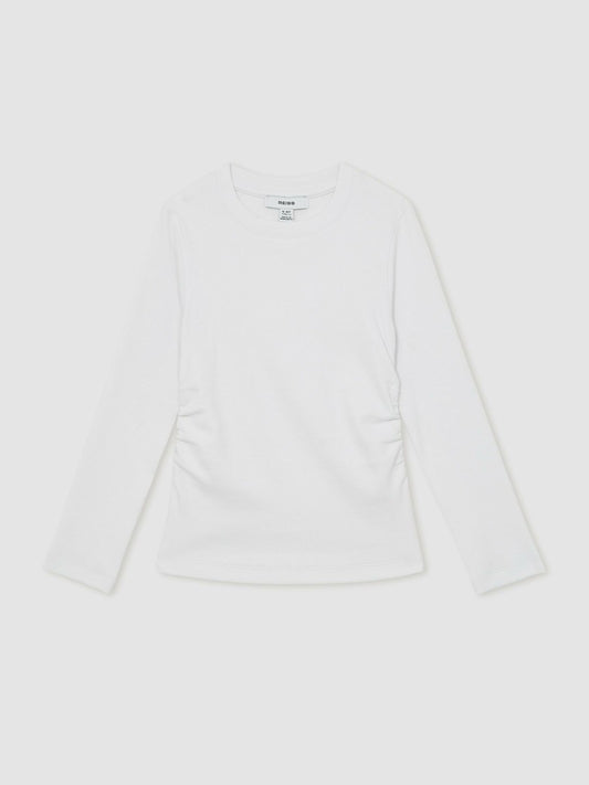 13-14 yrs Cotton Ruched Long-Sleeve T-Shirt with Stretch in Ivory Children & Baby | Reiss