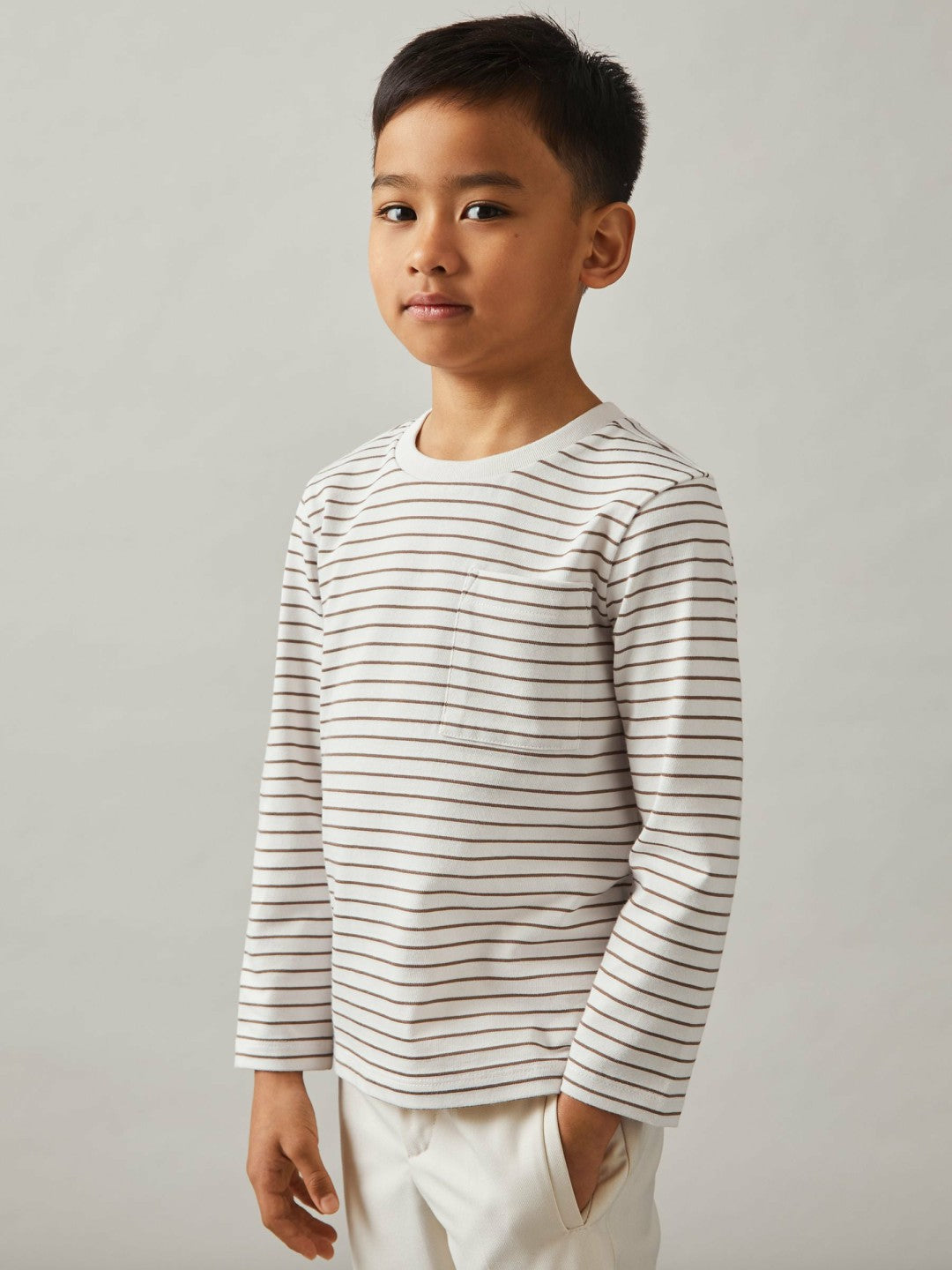 4-9 yrs Stretch-Cotton Stripe T-Shirt in Off White/Camel Children & Baby | Reiss