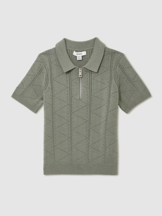 13-14 yrs Half-Zip Pointelle Polo Shirt in Sage Children & Baby | Reiss