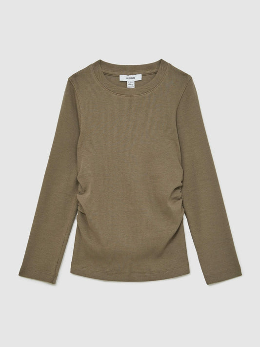 13-14 yrs Cotton Ruched Long-Sleeve T-Shirt with Stretch in Khaki Children & Baby | Reiss