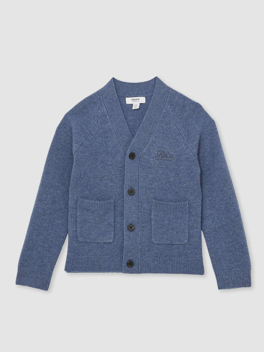 13-14 yrs Wool Embroidered-Logo Cardigan in Dark Airforce Blue Children & Baby | Reiss