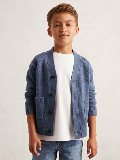 13-14 yrs Wool Embroidered-Logo Cardigan in Dark Airforce Blue Children & Baby | Reiss