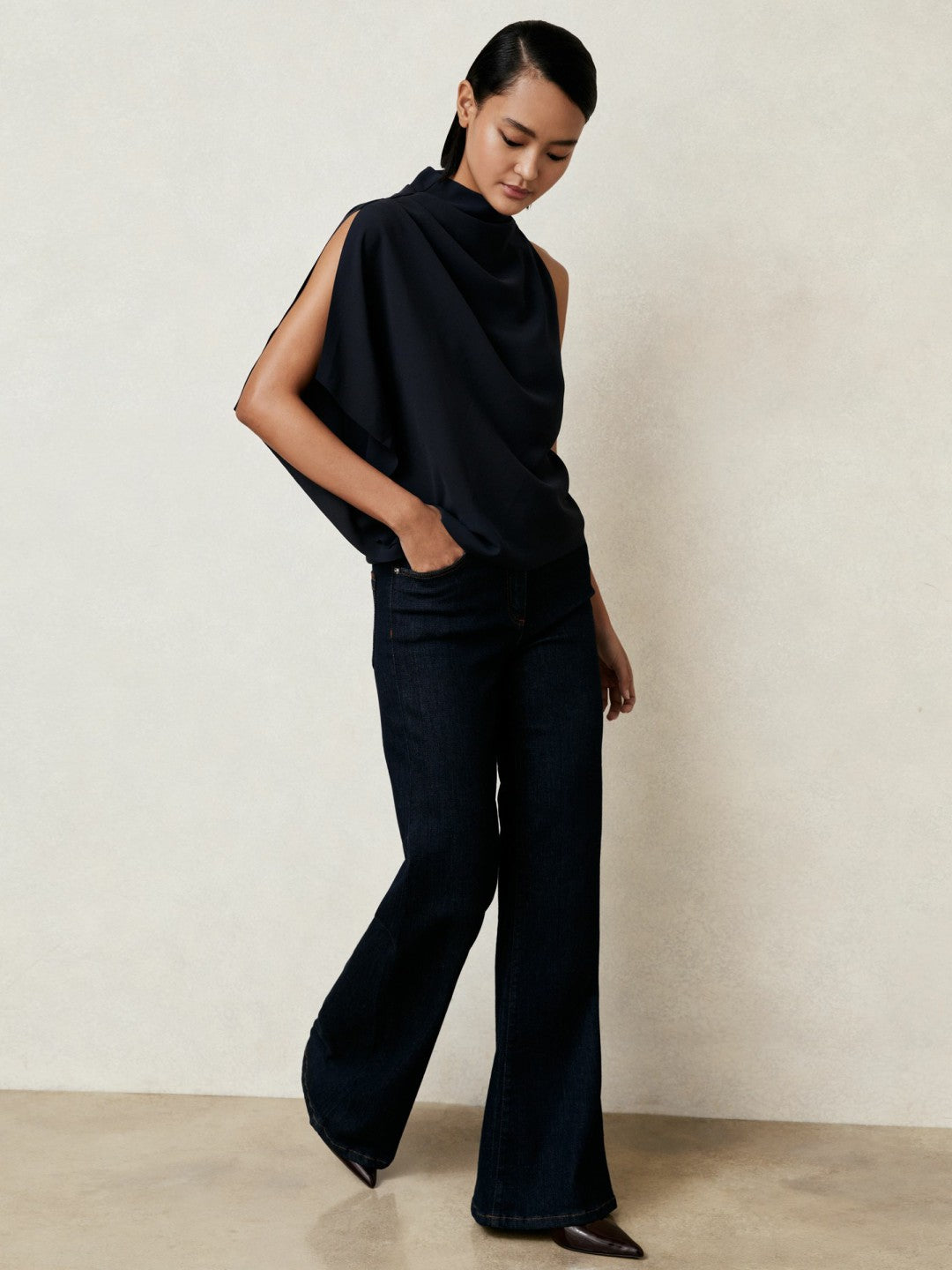 One-Shoulder Draped Top in Navy Women | Reiss