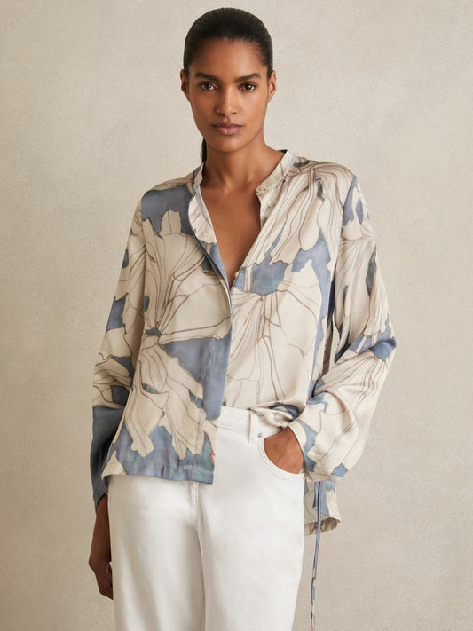 Floral Print Gathered Cut Out Shirt in Blue Women | Reiss