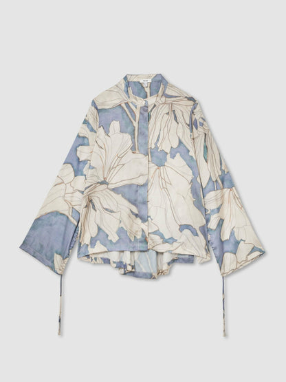 Floral Print Gathered Cut Out Shirt in Blue Women | Reiss