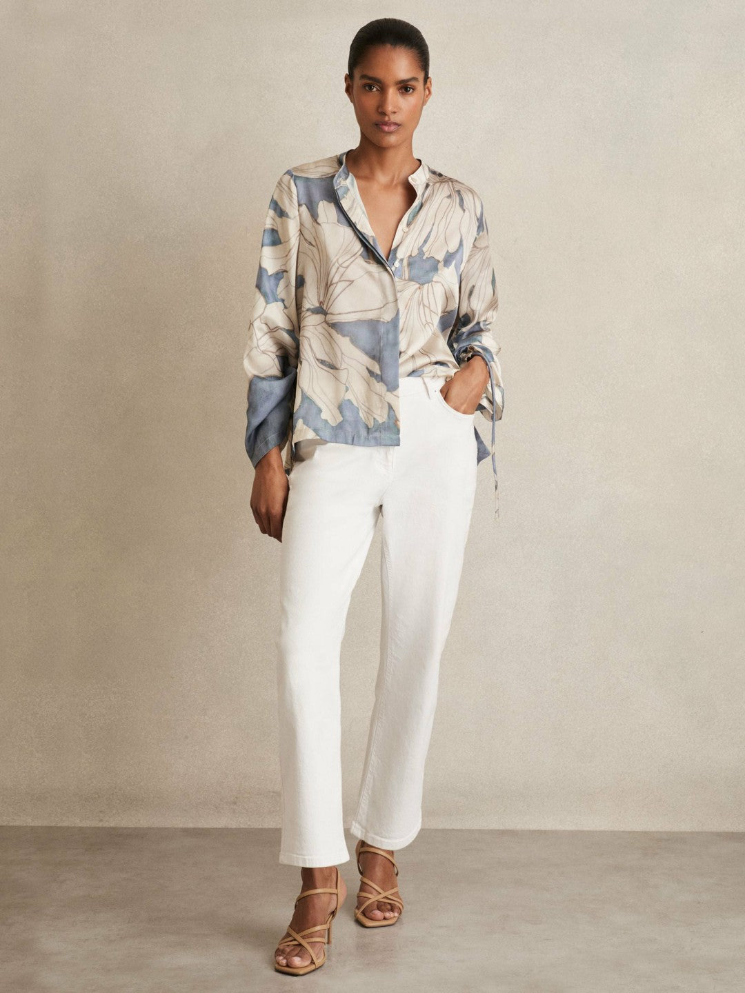 Floral Print Gathered Cut Out Shirt in Blue Women | Reiss