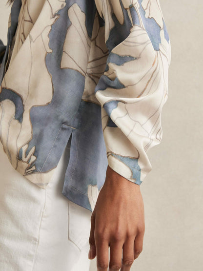 Floral Print Gathered Cut Out Shirt in Blue Women | Reiss