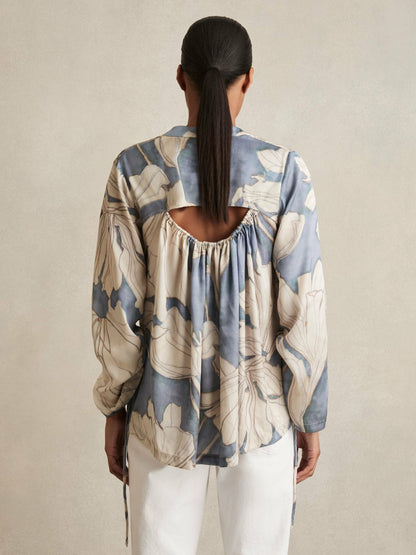 Floral Print Gathered Cut Out Shirt in Blue Women | Reiss