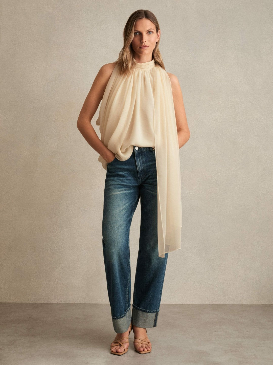 Draped Chiffon Sleeveless Top in Ivory Women | Reiss