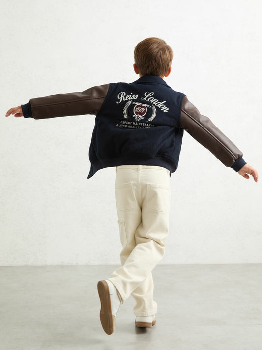 9-13 yrs Motor Cars Press-Stud Bomber Jacket in Navy/Brown Children & Baby | Reiss