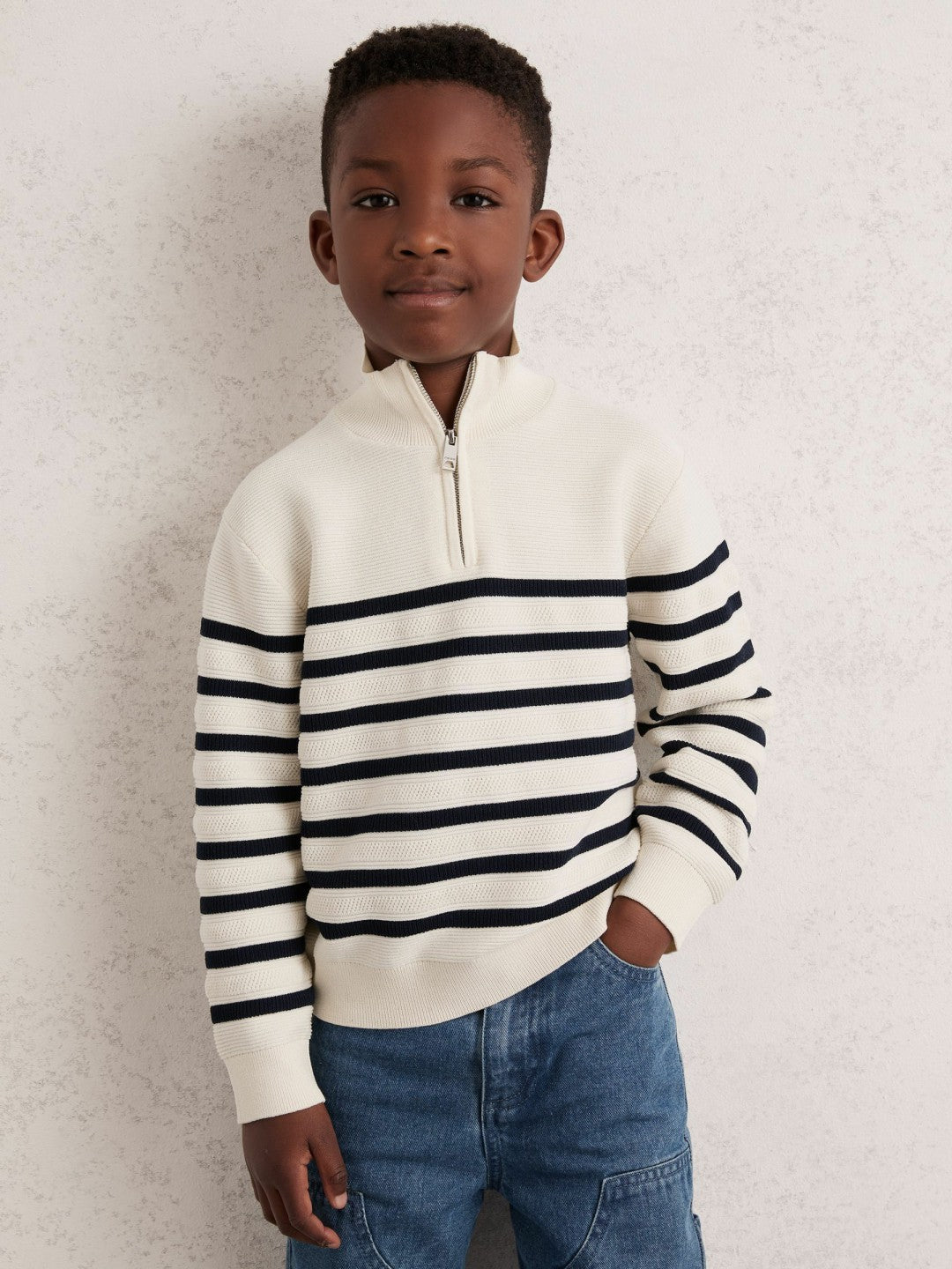 13-14 yrs Cotton-Blend Stripe Half-Zip Jumper in White Children & Baby | Reiss