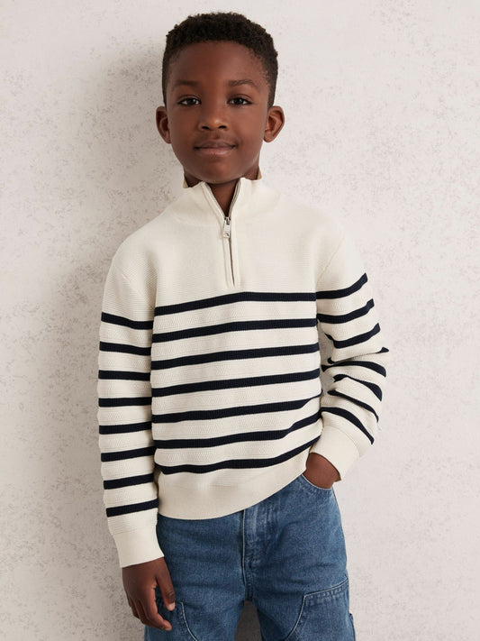13-14 yrs Cotton-Blend Stripe Half-Zip Jumper in White Children & Baby | Reiss