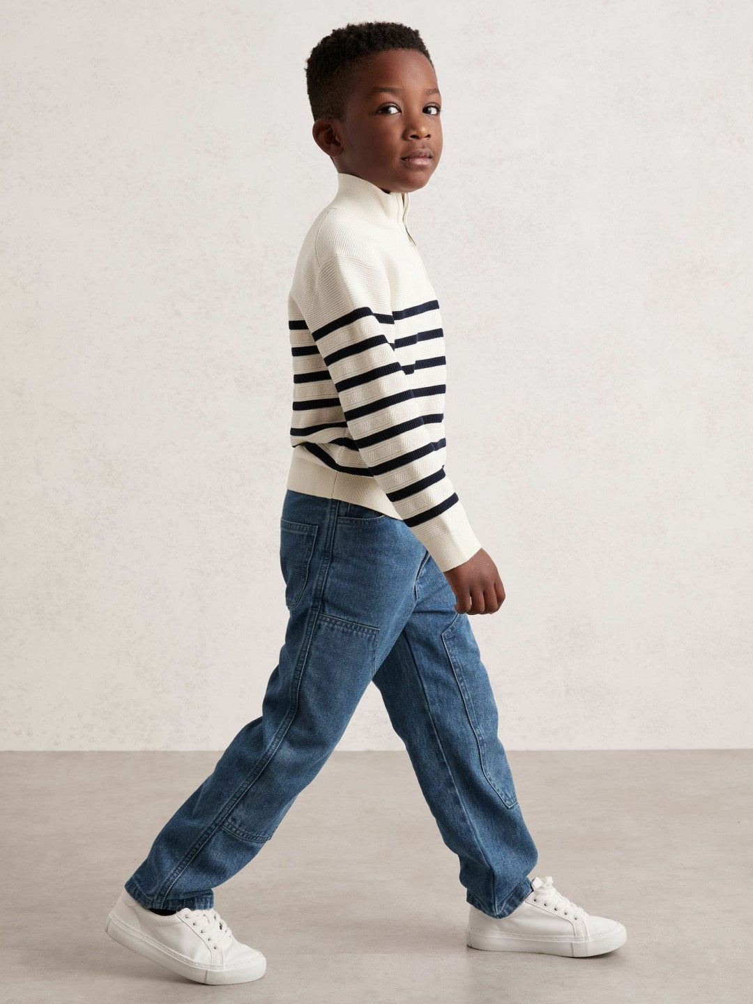 13-14 yrs Cotton-Blend Stripe Half-Zip Jumper in White Children & Baby | Reiss