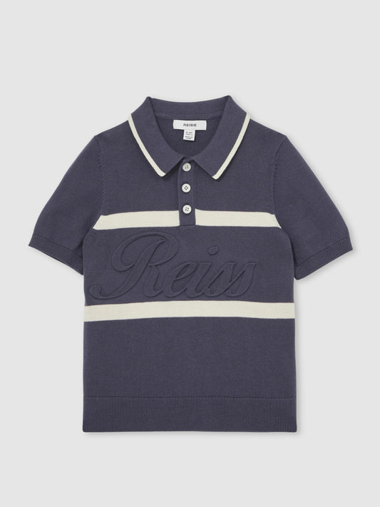 13-14 yrs Cotton Logo-Embossed Knit Polo Shirt in Indigo Blue/White Children & Baby | Reiss