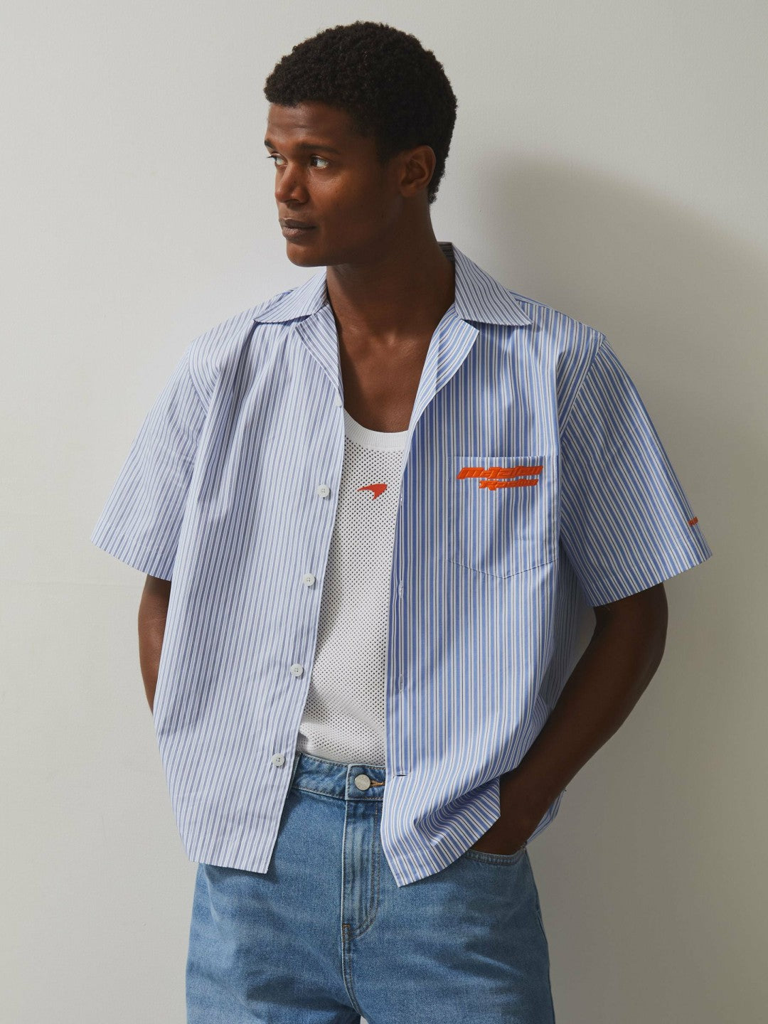 McLaren F1 Team Cuban Collar Striped Shirt in Soft Blue/White Men | Reiss