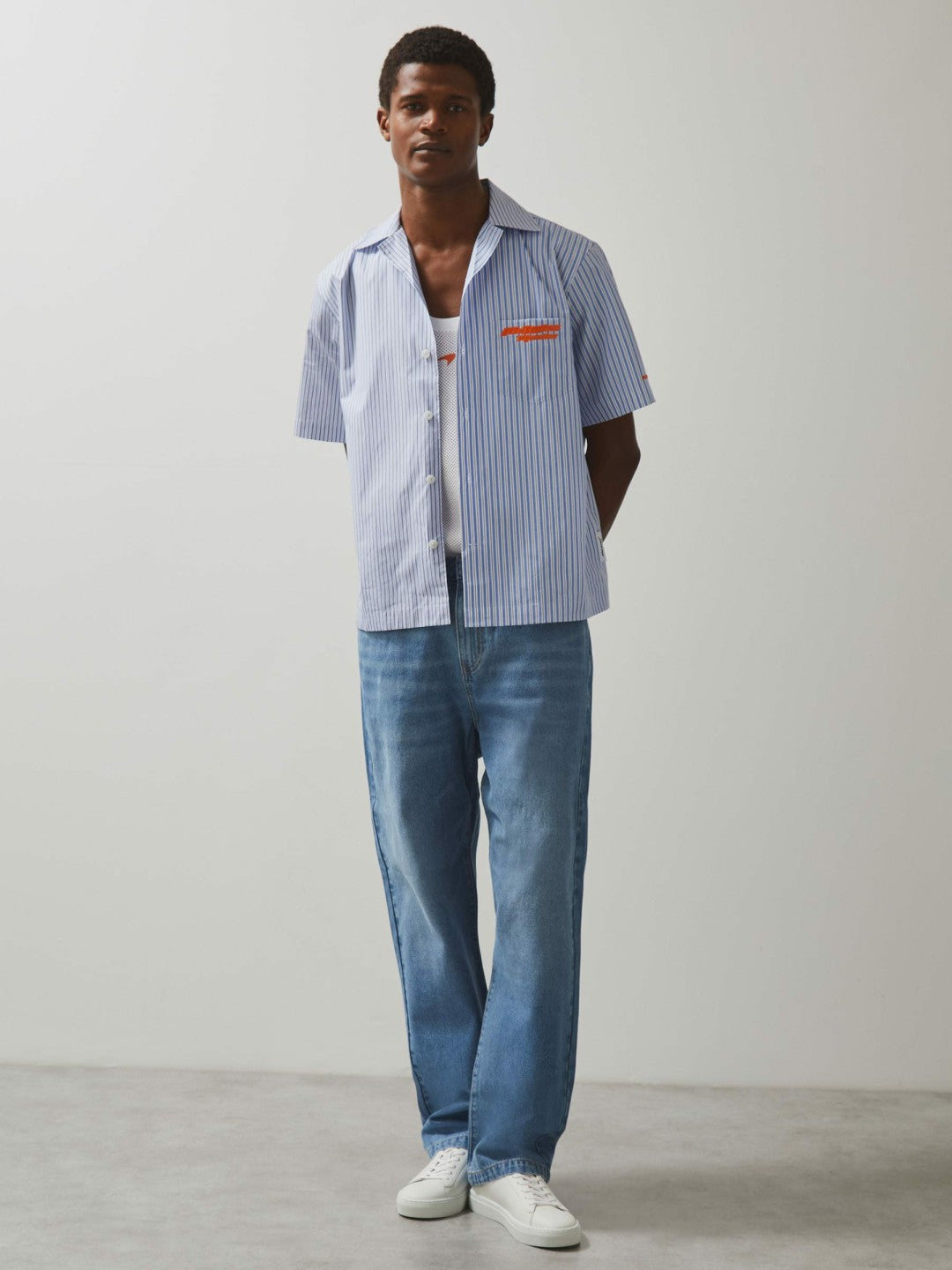 McLaren F1 Team Cuban Collar Striped Shirt in Soft Blue/White Men | Reiss