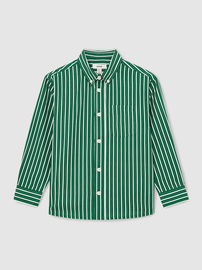 13-14 yrs Cotton-Poplin Striped Oversize Shirt in Green/White Children & Baby | Reiss