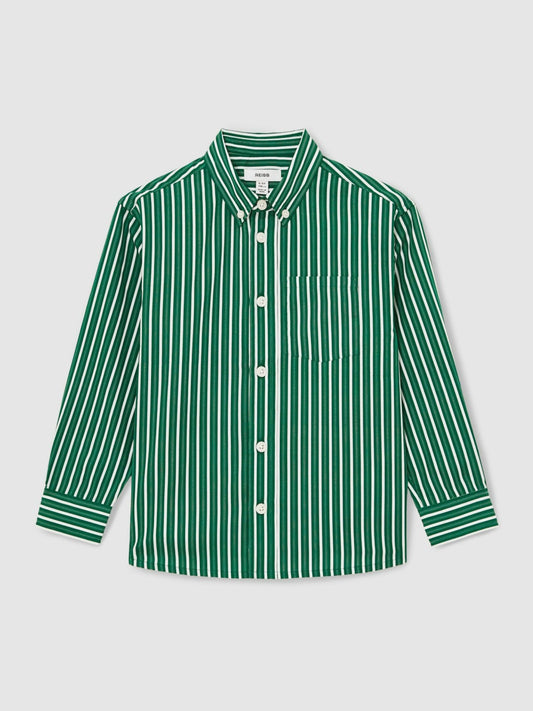 13-14 yrs Cotton-Poplin Striped Oversize Shirt in Green/White Children & Baby | Reiss