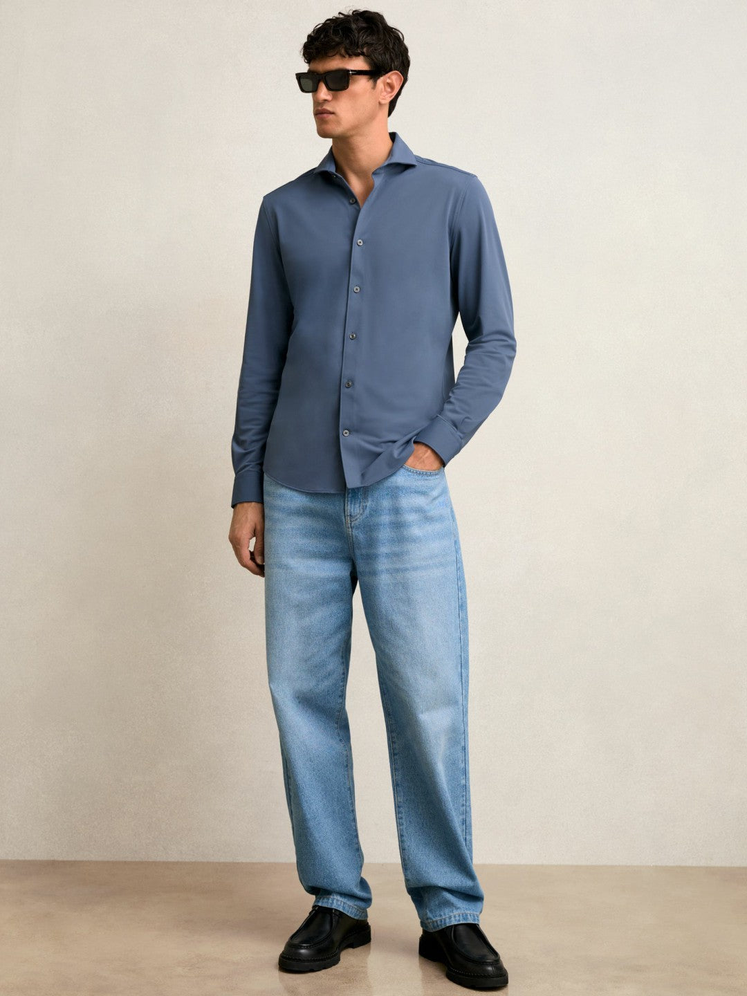 Stretch Jersey Cutaway-Collar Shirt in Dark Airforce Blue Men | Reiss
