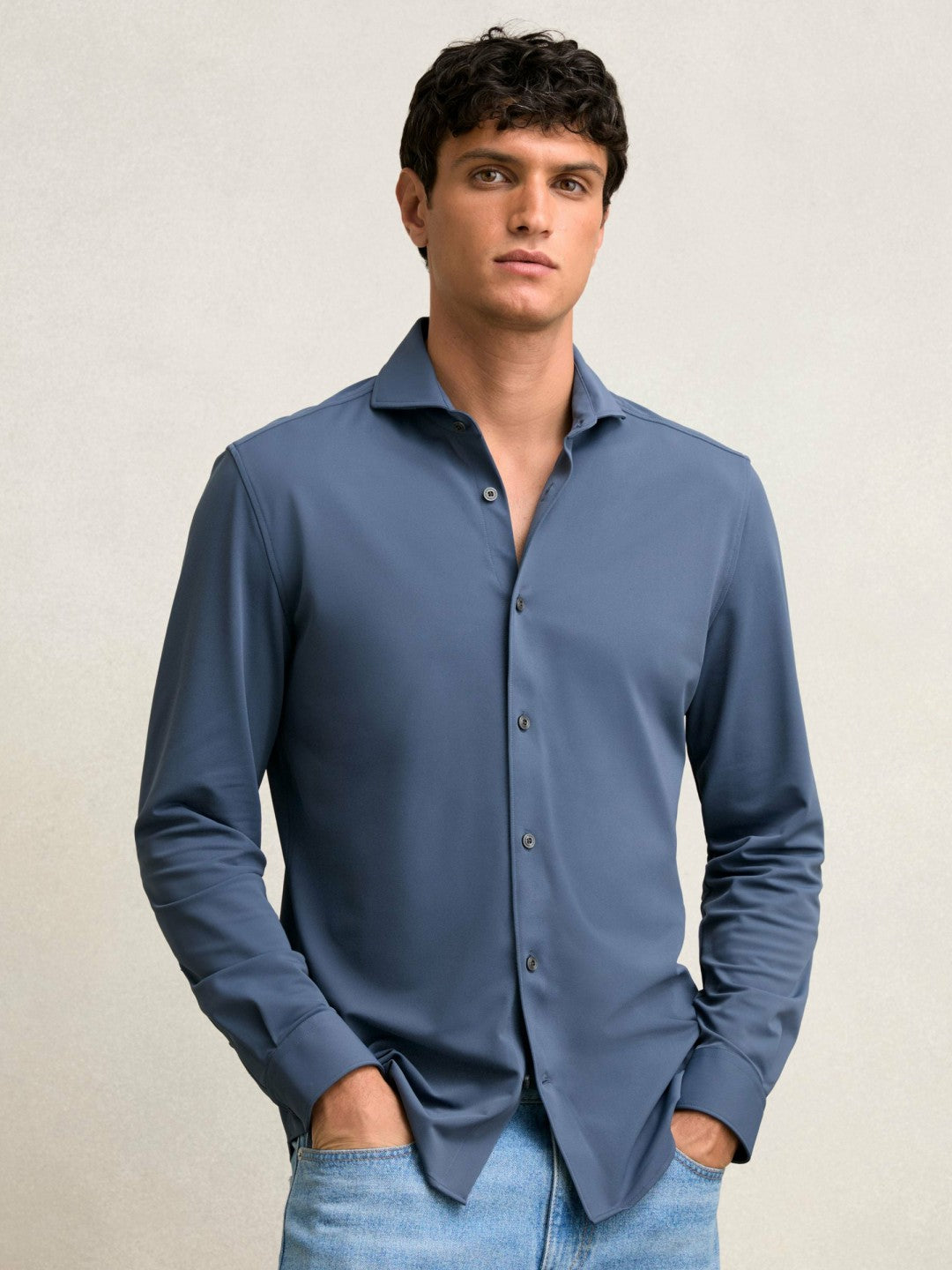 Stretch Jersey Cutaway-Collar Shirt in Dark Airforce Blue Men | Reiss