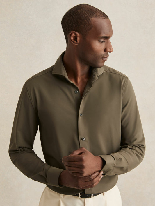 Stretch Jersey Cutaway-Collar Shirt in Olive Green Men | Reiss