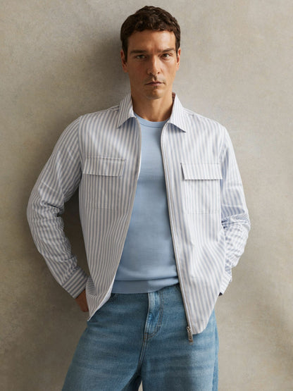 Cotton Stripe Zip-Through Shirt in White/Soft Blue Men | Reiss