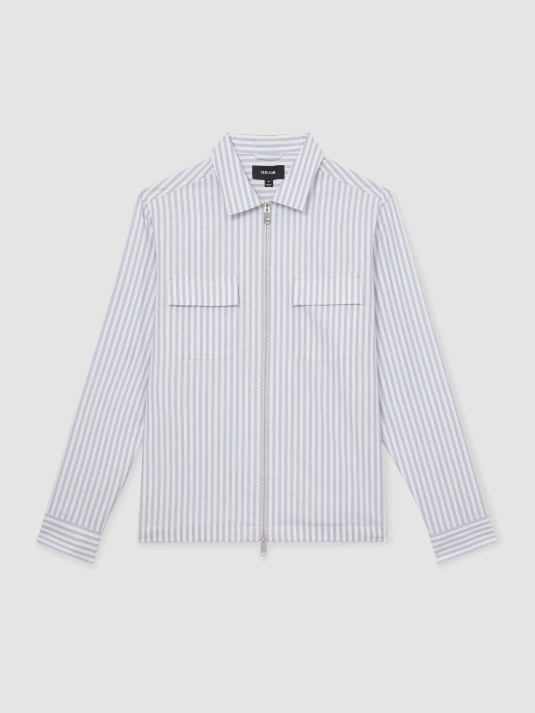 Cotton Stripe Zip-Through Shirt in White/Soft Blue Men | Reiss